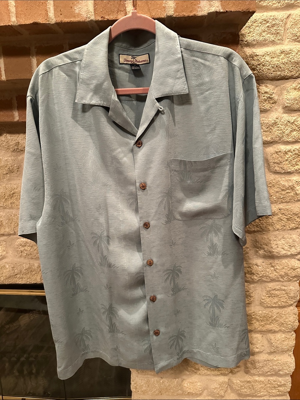 Tommy Bahama Dusty Blue Short-Sleeve Camp Shirt with Subtle Palm Jacquard
